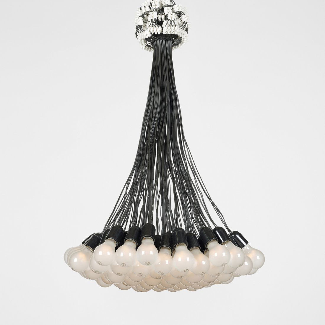 Rody Graumans 85 Lamps chandelier: Rody Graumans 85 Lamps chandelier Droog The Netherlands, 1993 plastic-coated wire, light bulbs 24 dia x 35 h inches Literature: Simply Droog, Droog Design, ppg. 68-69 Droog Design: Spirit of the Ninet