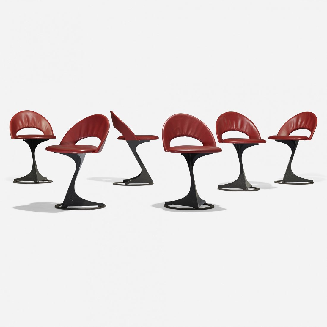 Santiago Calatrava chairs, set of six: Santiago Calatrava set of six chairs from the Tabourettli Theatre De Sede Spain/Switzerland, 1986 enameled steel, leather 17.75 w x 19 d x 29 h inches Signed with embossed manufacturer's mark to each