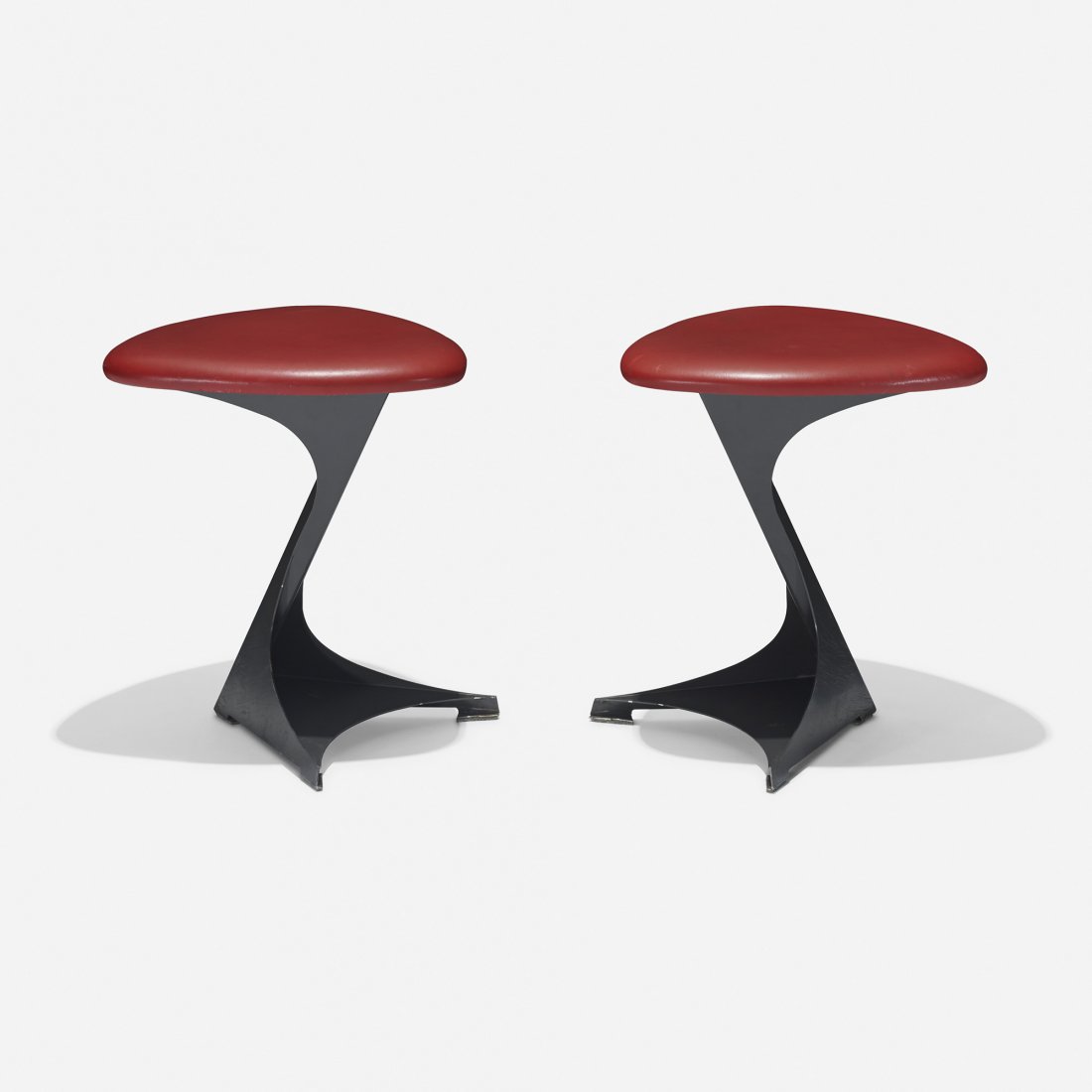 Santiago Calatrava stools, pair: Santiago Calatrava pair of stools from the Tabourettli Theatre De Sede Spain/Switzerland, 1986 enameled steel, leather 16.5 w x 16.25 d x 19 h inches Literature: El Croquis No.38, October 1992, Santia