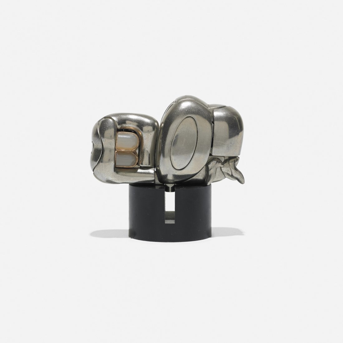 Miguel Berrocal Mini Zoraida: Miguel Berrocal Mini Zoraida Spain, 1969-1970 nickel-plated Zamak, brass ring with moonstone, acrylic 3.25 w x 1.75 d x 3 h inches This work is number 2861 from the edition of 9500. Sold with original