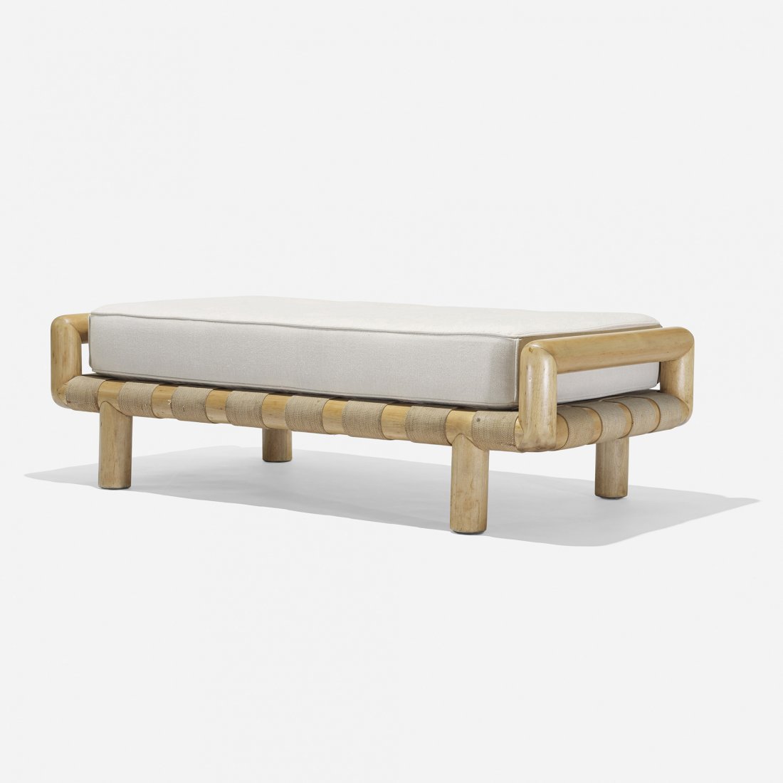 T.H. Robsjohn-Gibbings bench, model 1714: T.H. Robsjohn-Gibbings bench, model 1714 Widdicomb United Kingdom, c. 1950 birch, upholstery, canvas 54.5 w x 26.5 d x 16.5 h inches Literature: Widdicomb, manufacturer's catalog, unpaginated