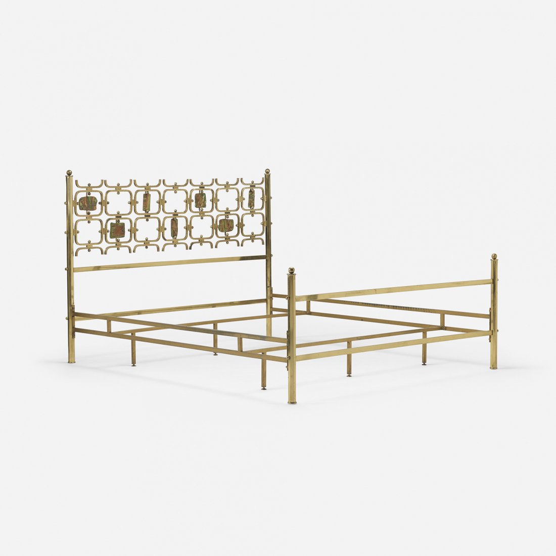 Osvaldo Borsani and Arnaldo Pomodoro bed: Osvaldo Borsani and Arnaldo Pomodoro bed Italy, c. 1960 brass, hand-hammered brass, brass-plated steel, upholstery, enameled brass 69.5 w x 81 d x 48 h inches Literature: L'Arredamento Moderno, Settim