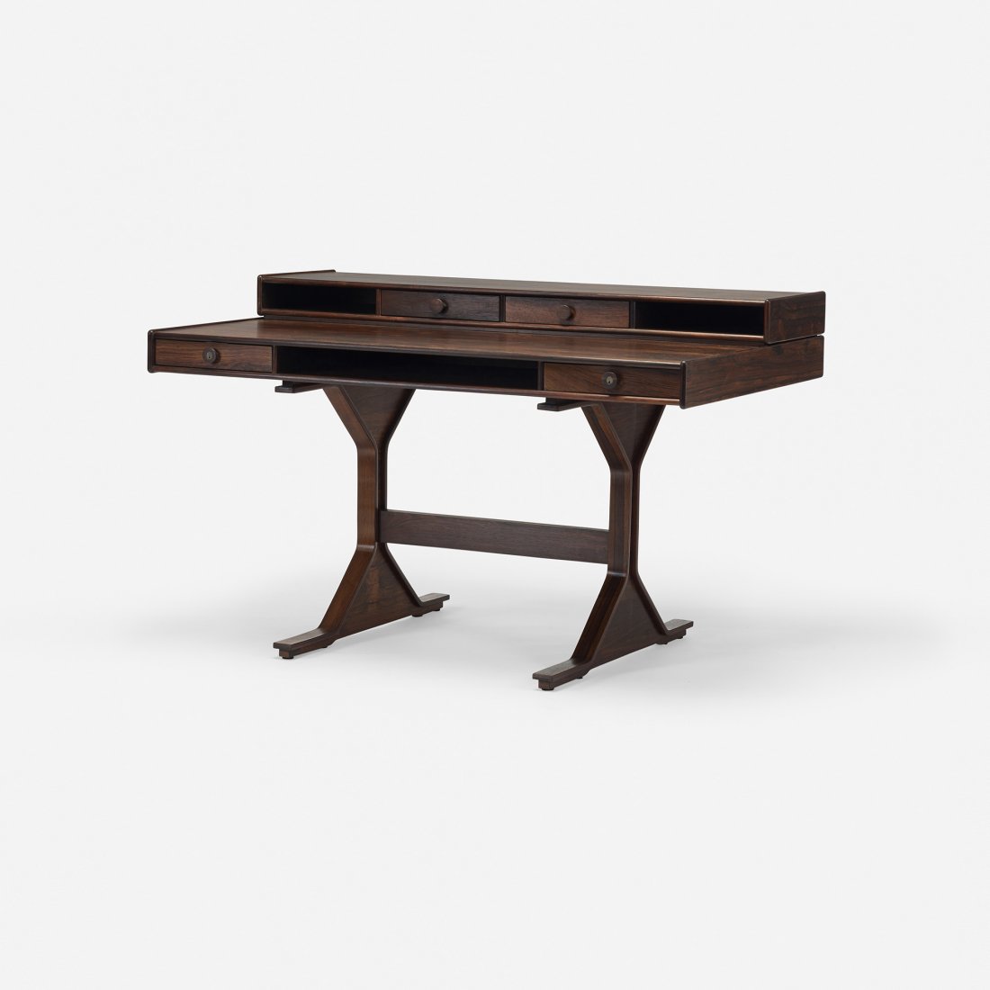 Gianfranco Frattini desk: Gianfranco Frattini desk Bernini Italy, 1957 rosewood 51 w x 31 d x 32.5 h inches Desk features two drawers and two storage slots to the reverse, tabletop return with two drawers and two storage slots