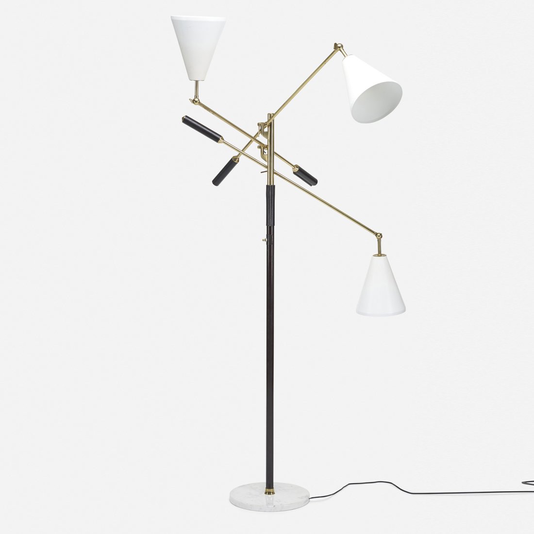 Arredoluce Three Arm floor lamp: Arredoluce Three Arm floor lamp Italy, c. 1950 brass, enameled steel, enameled aluminum, marble, leather 35 w x 35 d x 65 h inches Signed with impressed manufacturer's mark to stem: [Made in Italy].
