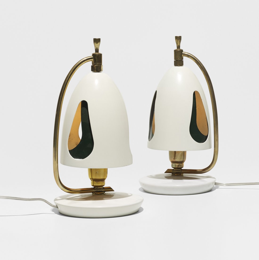 Angelo Lelli table lamps, pair: Angelo Lelli table lamps, pair Arredoluce Italy, c. 1962 enameled aluminum, brass, marble 4.5 dia x 9 h inches