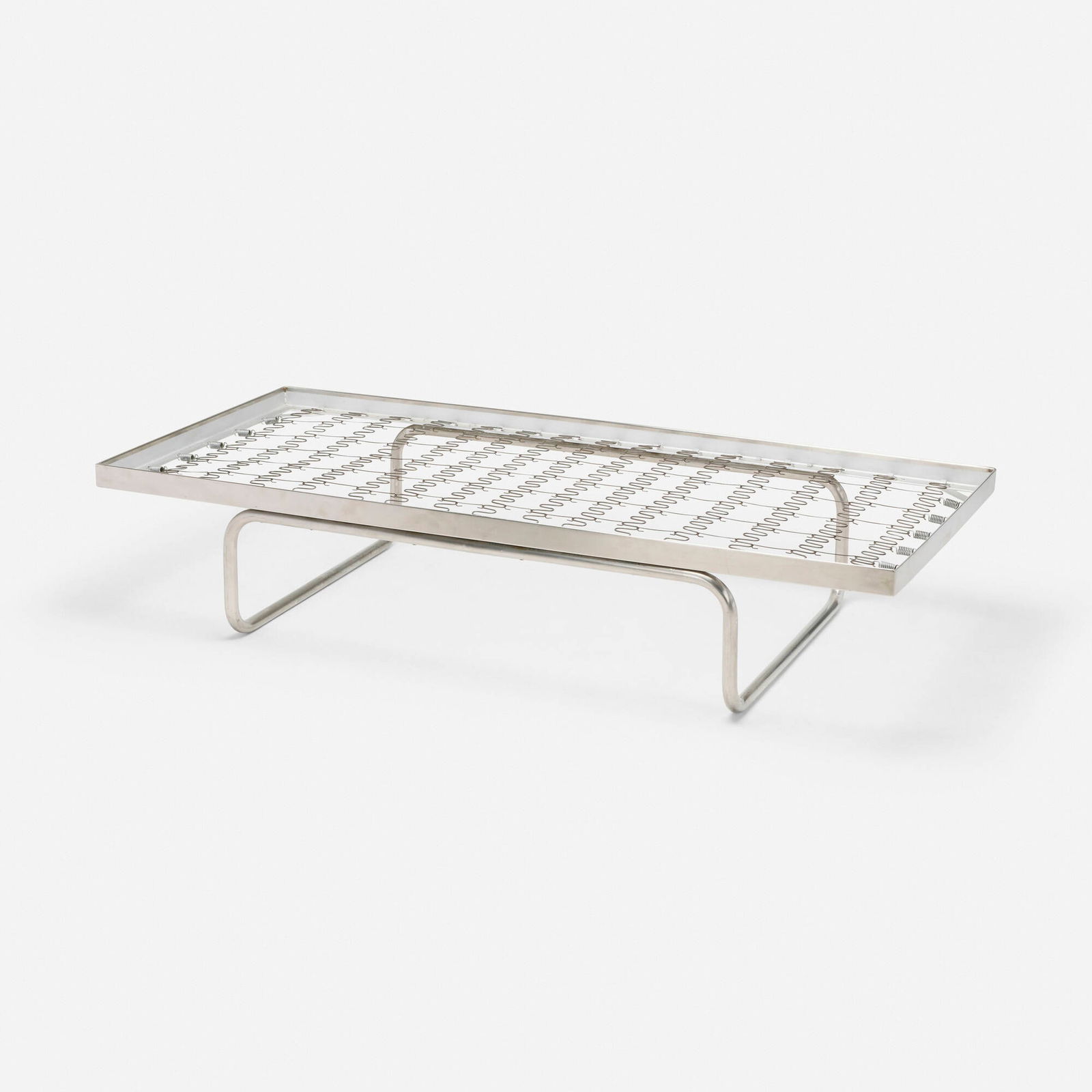 Bertrand Goldberg, Twin-size bed frame: Bertrand Goldberg Twin-size bed frame USA, c. 1965stainless steel 15.5 h x 74.25 w x 34.75 d in (39 x 189 x 88 cm) Provenance: Collection of Bertrand Goldberg | Thence by desc