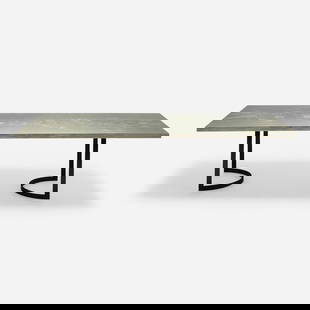 Elaine Manna, Custom dining table: Elaine Manna Custom dining table USA, c. 2010silver-leaf over embossed wood, painted steel 28.5 h x 108 w x 48 d in (72 x 274 x 122 cm) Provenance: Collection of Lisa Goldberg