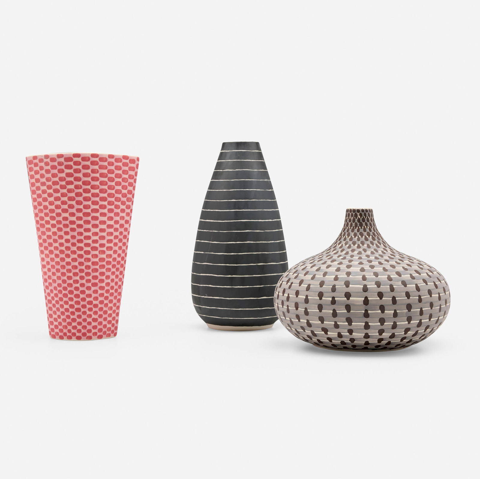 JP Meyer, Collection of three vessels: JP Meyer Collection of three vessels 2019glazed porcelain 12.5 h x 6 dia in (32 x 15 cm) 11.25 h x 7 w x 4.5 d in (29 x 18 x 11 cm) 8.25 h x 11 dia in (21 x 28 cm) Signed and dated to un