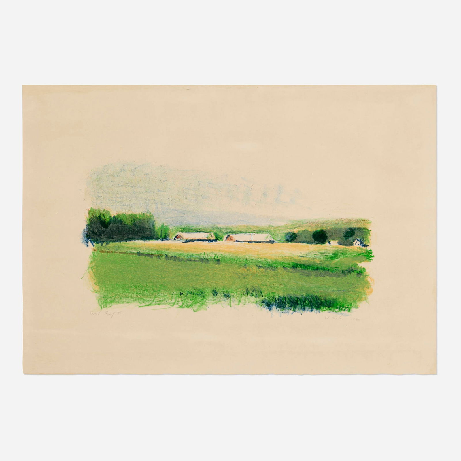 Wolf Kahn, Twin Barns: Wolf Kahn Twin Barns 1980lithograph in colors image: 10 h x 18.5 w in (25 x 47 cm) sight: 18 h x 26 w in (46 x 66 cm) Signed, dated and numbered to lower edge 'Trial Proof VI W Kahn 1980'.