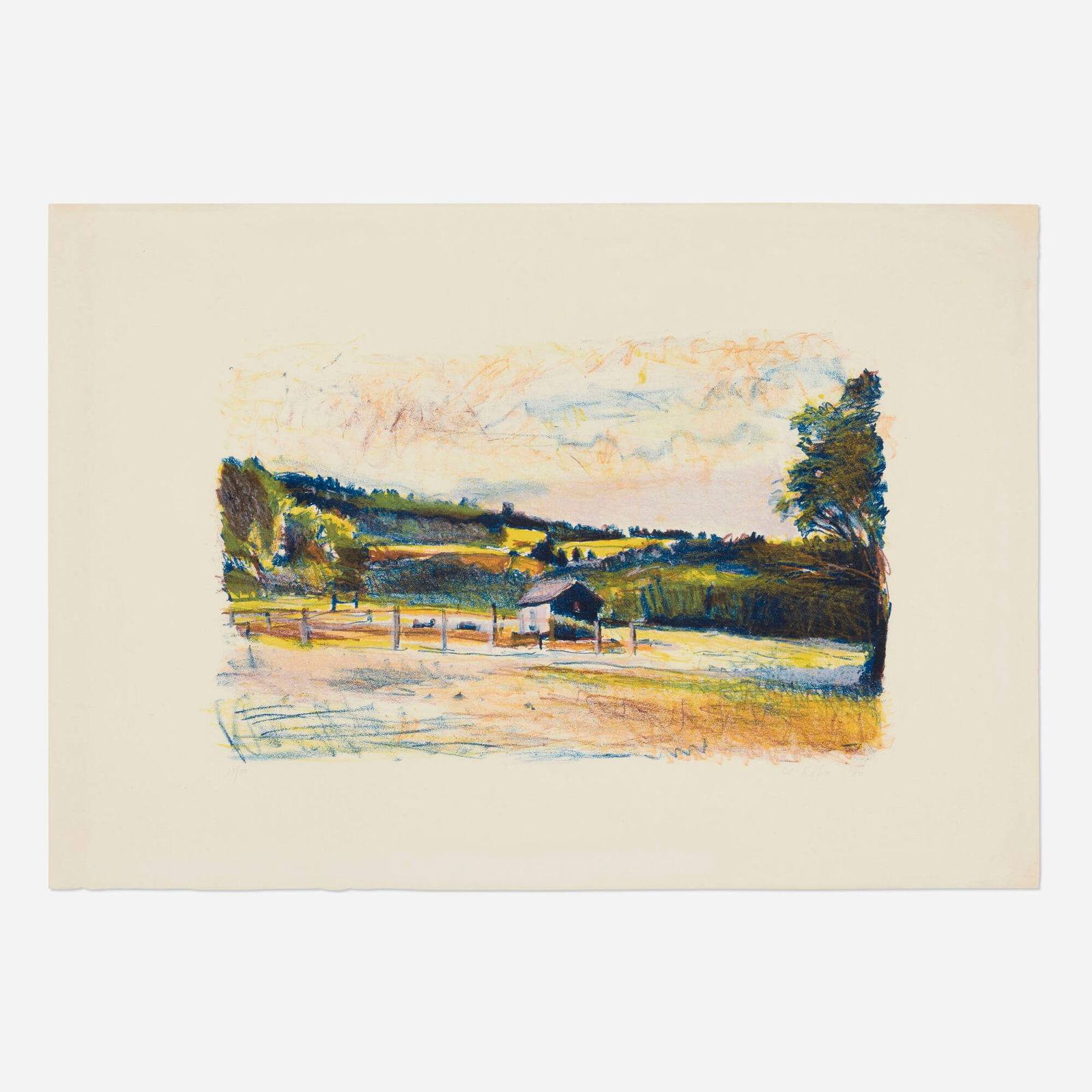 Wolf Kahn, Purple Barn in Landscape: Wolf Kahn Purple Barn in Landscape 1980lithograph in colors image: 11.5 h x 18 w in (29 x 46 cm) sight: 18 h x 26 w in (46 x 66 cm) Signed, dated and numbered to lower edge '13/50 W. Kahn '