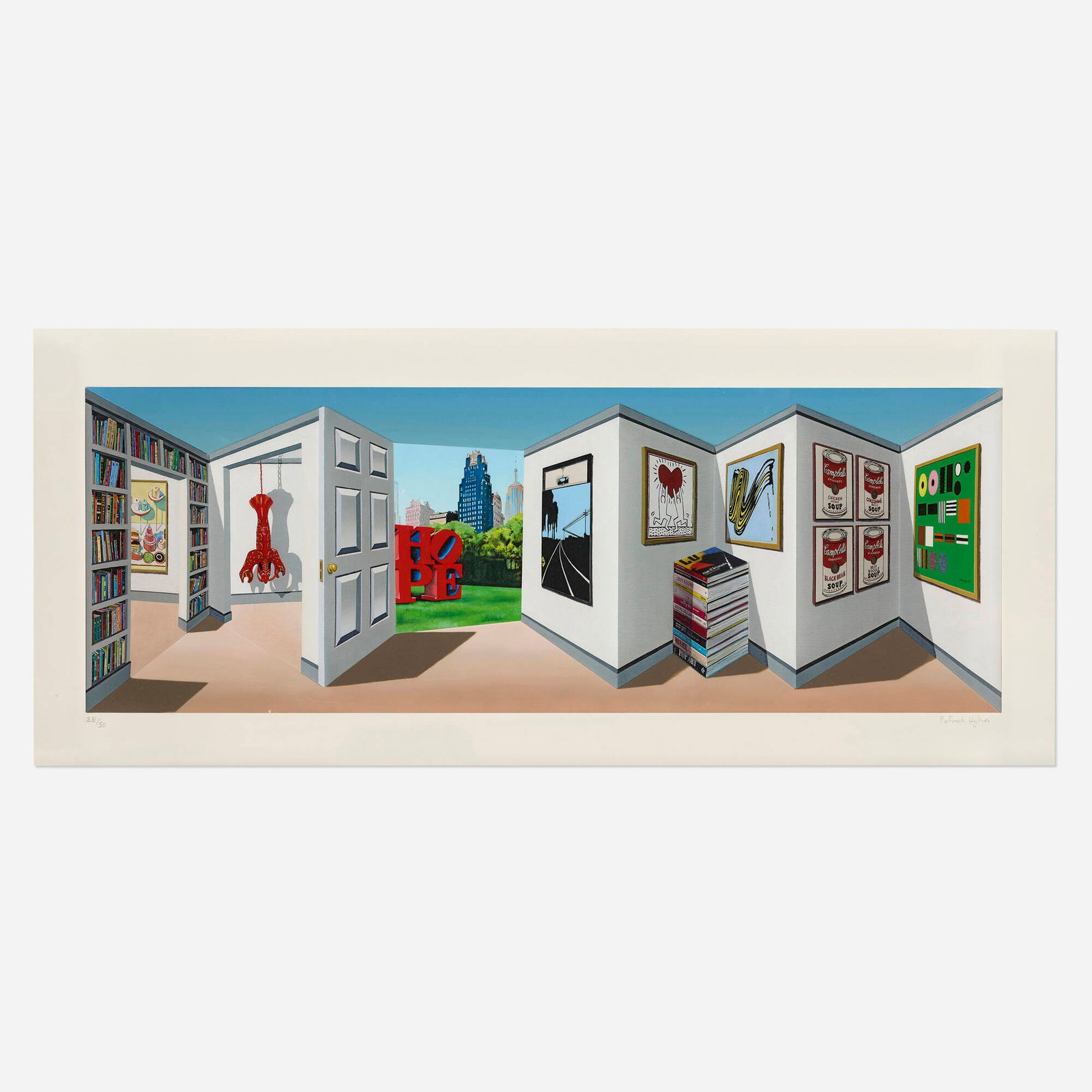 Patrick Hughes, Popping: Patrick Hughes Popping 2017three-dimensional archival pigment print with hand-coloring in acrylic vitrine 17.75 h x 40.25 w x 6.75 d in (45 x 102 x 17 cm) Signed and numbered to lower edge '28