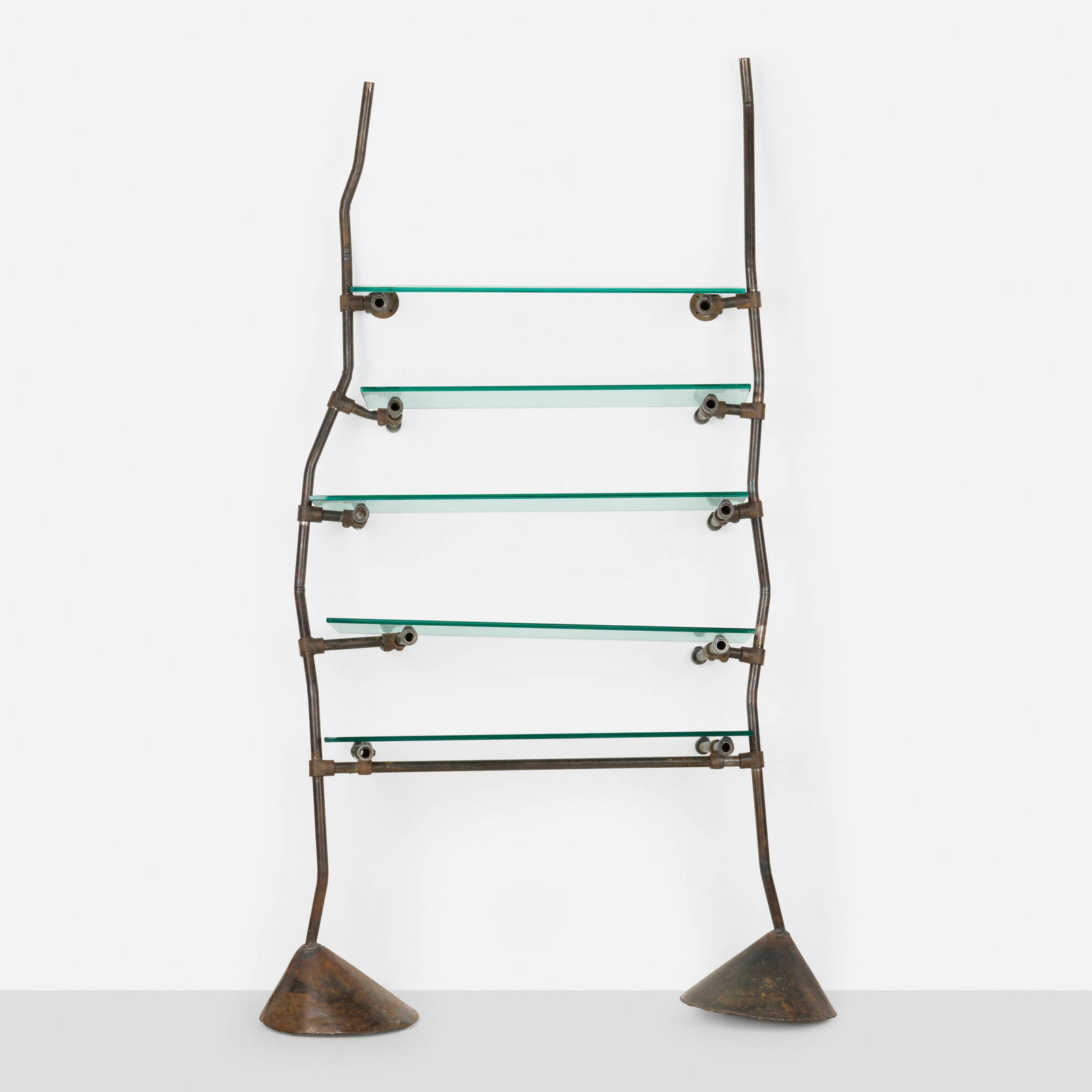 Ron Arad, Unique and Custom shelf from Bazaar, London: Ron Arad Unique and Custom shelf from Bazaar, London One OffUnited Kingdom, 1984patinated steel, cast iron, glass, steel 89.5 h x 54 w x 17 d in (227 x 137 x 43 cm) Unit features five ad