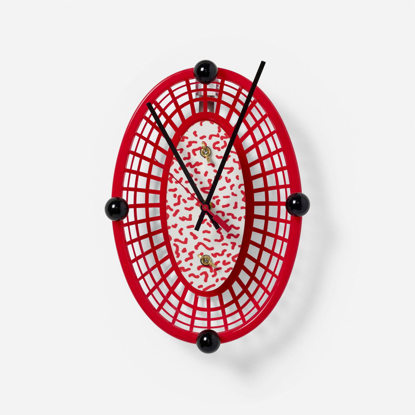 Peter Shire and Ricky Swallow, Hot Dogg clock (Red): Peter Shire and Ricky Swallow Hot Dogg clock (Red) USA, 2017plastic 12 h x 8.25 w x 3.5 d in (30 x 21 x 9 cm) Etched signature and numbered to reverse 'Shire RS 9/20'. Signed and numbered to p