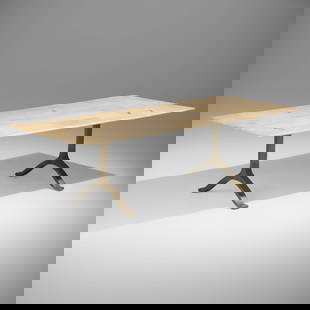 Tyler Hays, Wishbone dining table: Tyler Hays Wishbone dining table BDDWUSA, 2001 / 2013bronze, maple 29.25 h x 107 w x 41.5 d in (74 x 272 x 105 cm) Engraved manufacturer's mark and date to underside of top 'Built by BDD
