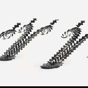 Edgar Brandt, Les Plumes candelabra: Edgar Brandt Les Plumes candelabra France, c. 1925wrought iron 12.375 h x 11 w x 5.5 d in (31 x 28 x 14 cm) Impressed signature to top of base on each example 'E Brandt'. Proven