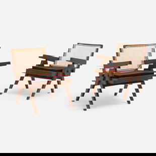 Pierre Jeanneret, Lounge chairs from the Punjab Engineering College, Chandigarh, pair: Pierre Jeanneret Lounge chairs from the Punjab Engineering College, Chandigarh, pair France/India, c. 1955teak, cane, upholstery 27.75 h x 21 w x 27.75 d in (70 x 53 x 70 cm) Provenanc