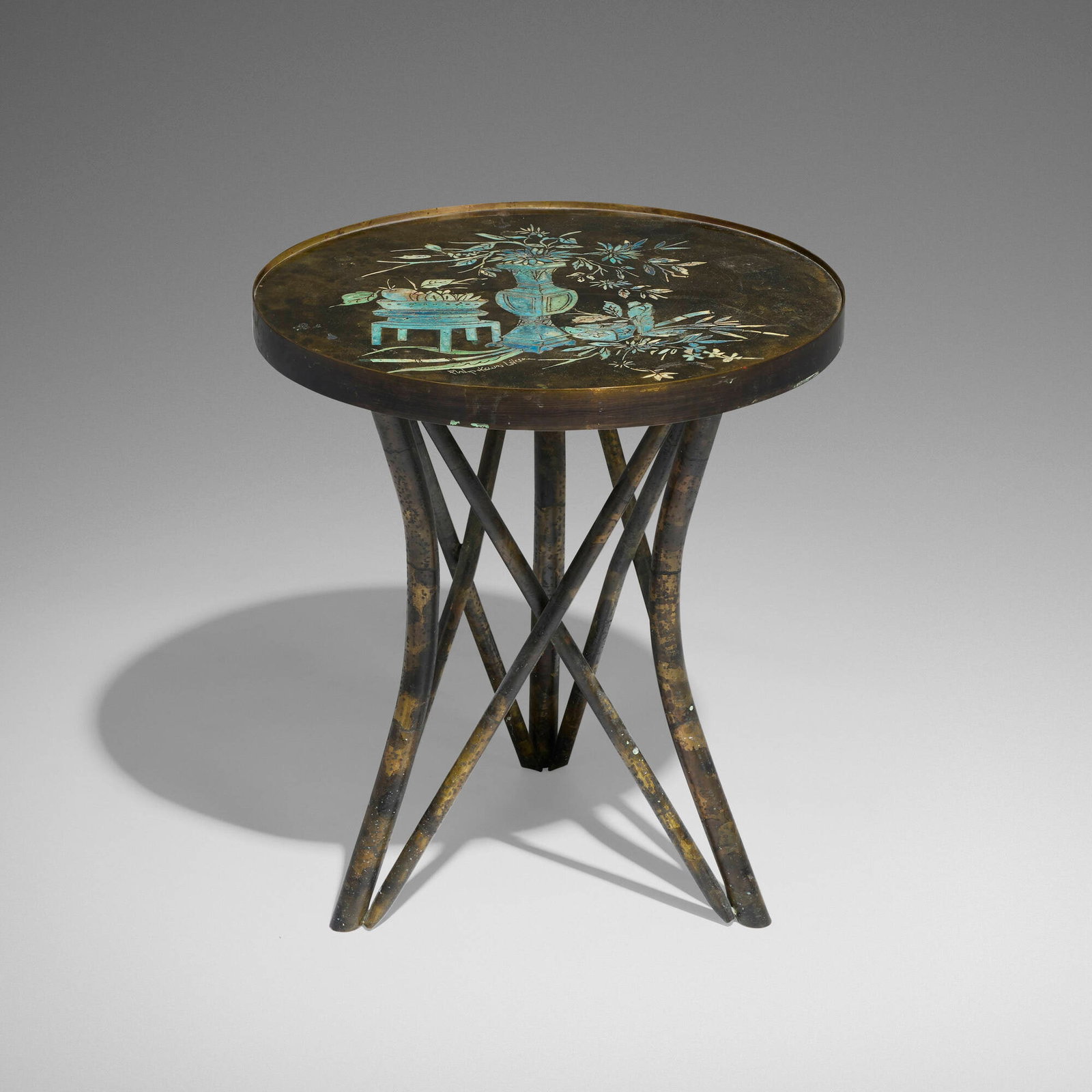 Philip and Kelvin LaVerne, Shang Ti occasional table: Philip and Kelvin LaVerne Shang Ti occasional table USA, c. 1965 acid-etched brass, patinated brass 19.5 h x 17.75 dia in (50 x 45 cm) Acid-etched signature to tabletop 'Philip Kelvin LaVerne'.