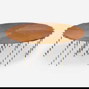 Peter Hvidt and Orla Molgaard-Nielsen, Pinwheel table, model 523: Peter Hvidt and Orla Molgaard-Nielsen Pinwheel table, model 523 France & DaverkosenDenmark, c. 1965teak, brass plated steel 17.25 h x 51 dia in (44 x 130 cm) Table is composed of six sec