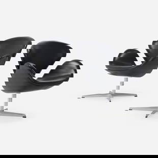 Arne Jacobsen, Swan chairs model 3320, pair: Arne Jacobsen Swan chairs model 3320, pair Republic of Fritz HansenDenmark, 1957 / 2006leather upholstery, aluminum, chrome-plated steel, plastic 30.5 h x 29.75 w x 25.5 d in (77 x 76 x 65 cm)<