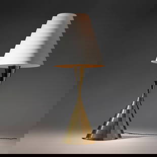 Angelo Lelii, Monumental table lamp: Angelo Lelii Monumental table lamp ArredoluceItaly, c. 1960brass, glass, paper shade 40 h x 16 dia in (102 x 41 cm) Decal manufacturer's label to underside 'Arredoluce Monza Made in Ital