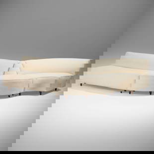 Harvey Probber, Sectional sofa: Harvey Probber Sectional sofa Harvey Probber, Inc.USA, c. 1965boucle upholstery, oak 28 h x 145 w x 41 d in (71 x 368 x 104 cm) Sofa is comprised of three sections. Sold with a digital c