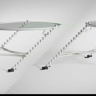 Warren McArthur, Coffee table: Warren McArthur Coffee table Warren McArthur CorporationUSA, c. 1935aluminum, glass 16 h x 26 dia in (41 x 66 cm) Decal manufacturer's label to underside 'Warren McArthur Corporation One
