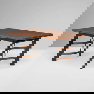 Donald Deskey, Dining table: Donald Deskey Dining table Hastings Table Co.USA, c. 1936Avodire veneer, lacquered wood, steel 30 h x 64 w x 40 d in (76 x 163 x 102 cm) Stamped number to underside '2051'. Sold with two