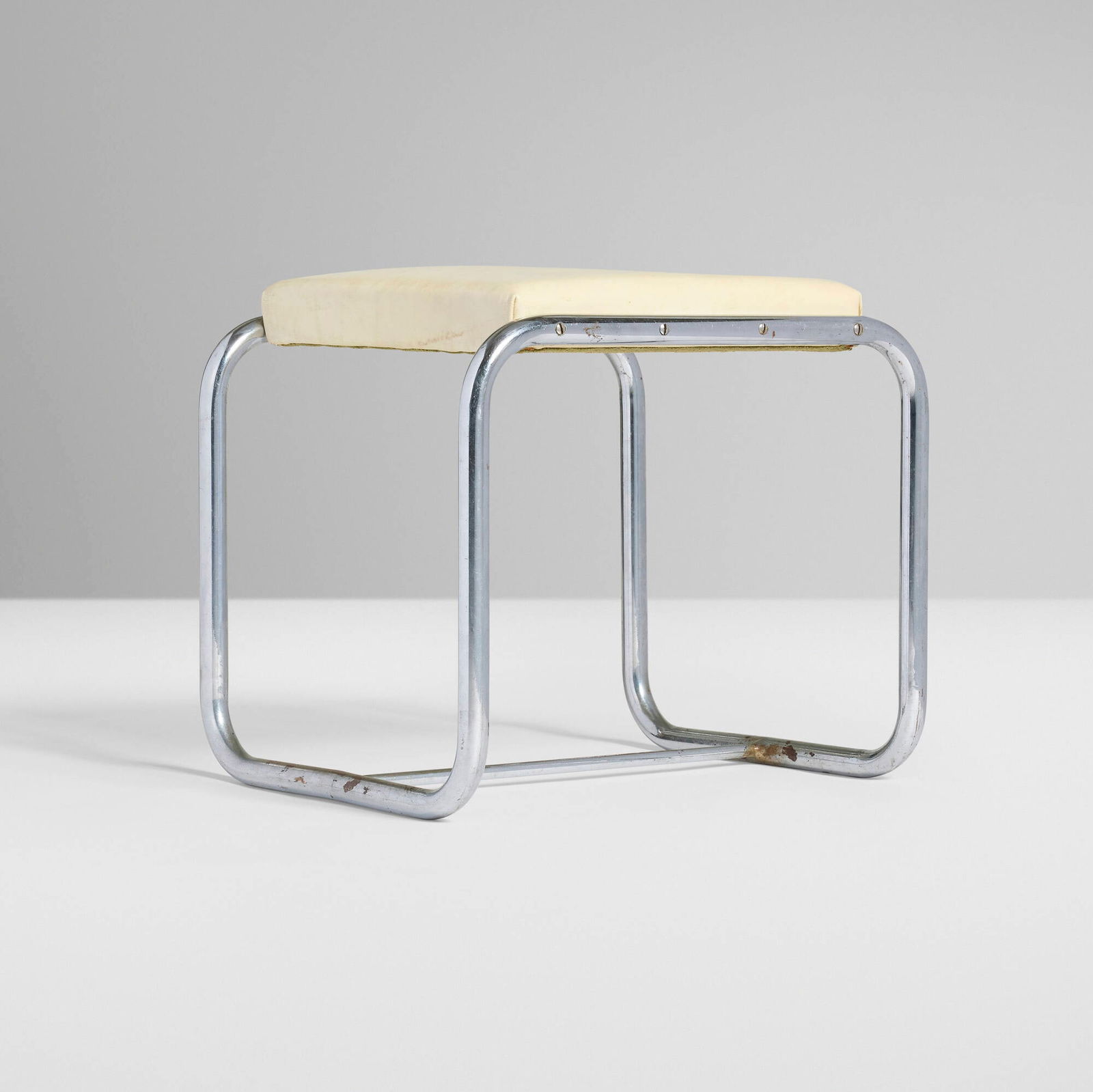 William Lescaze, Stool from the Philadelphia Savings Fund Society Building: William Lescaze Stool from the Philadelphia Savings Fund Society Building Switzerland/USA, 1931chrome-plated steel, vinyl upholstery 17.75 h x 19.5 w x 16.5 d in (45 x 50 x 42 cm) Prov