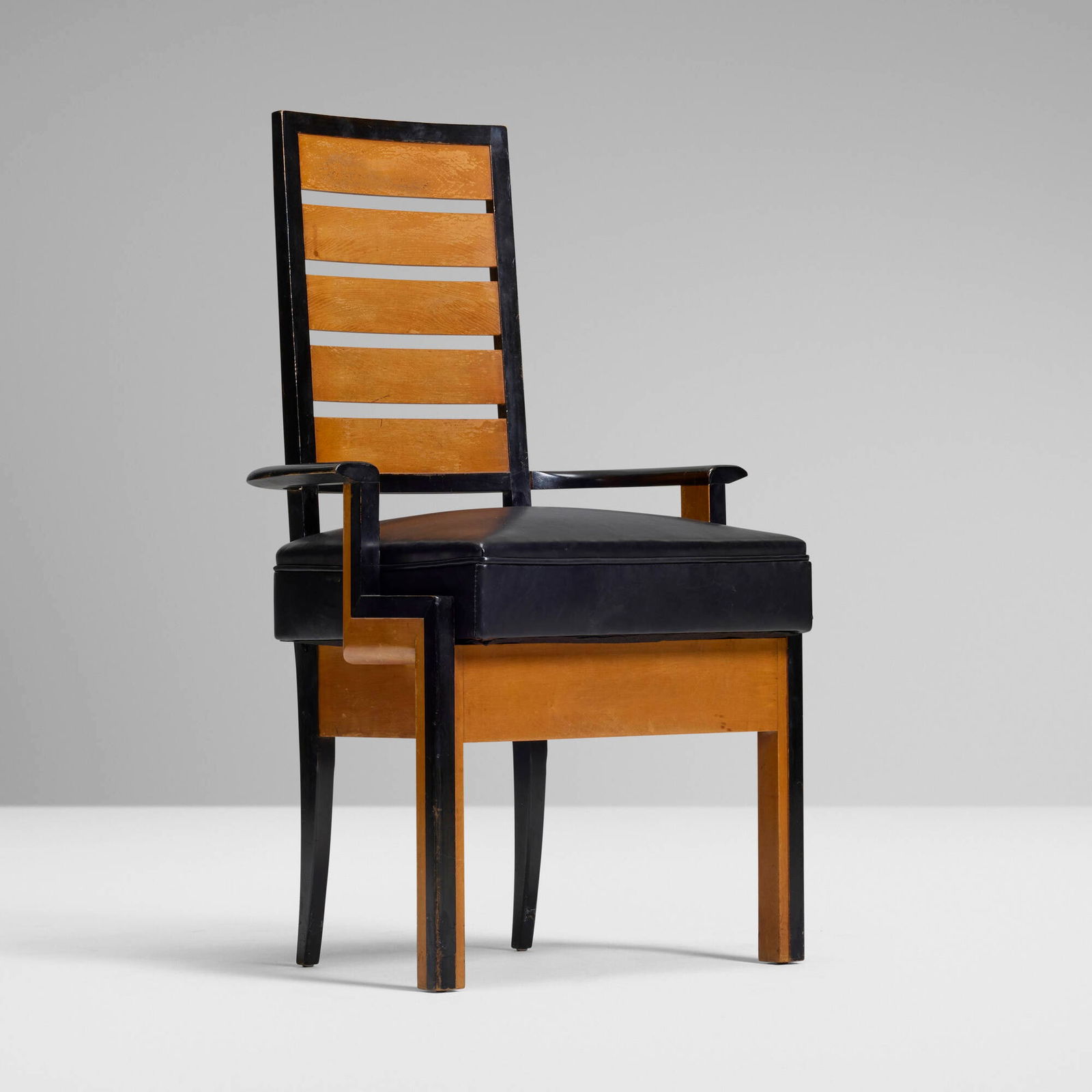 Kem Weber, Armchair from the Freudemann Residence, Beverly Hills: Kem Weber Armchair from the Freudemann Residence, Beverly Hills USA, 1928-29maple, ebonized maple, vinyl upholstery 38 h x 23 w x 19 d in (97 x 58 x 48 cm) Stamped number to underside '840'.