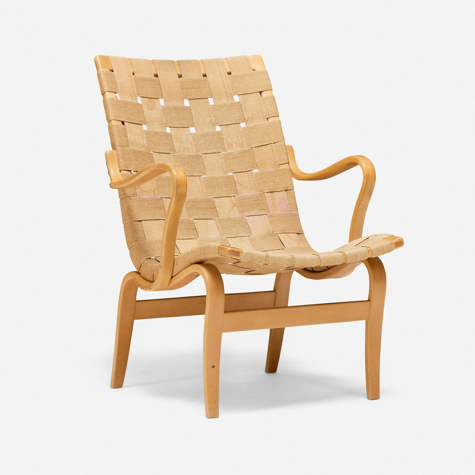 Bruno Mathsson, Eva chair: Bruno Mathsson Eva chair Karl MathssonSweden, 1935 / 1973beech, canvas webbing 32.5 h x 24 w x 32.5 d in (83 x 61 x 83 cm) Stamped manufacturer's mark to reverse 'Bruno Mathsson Made in