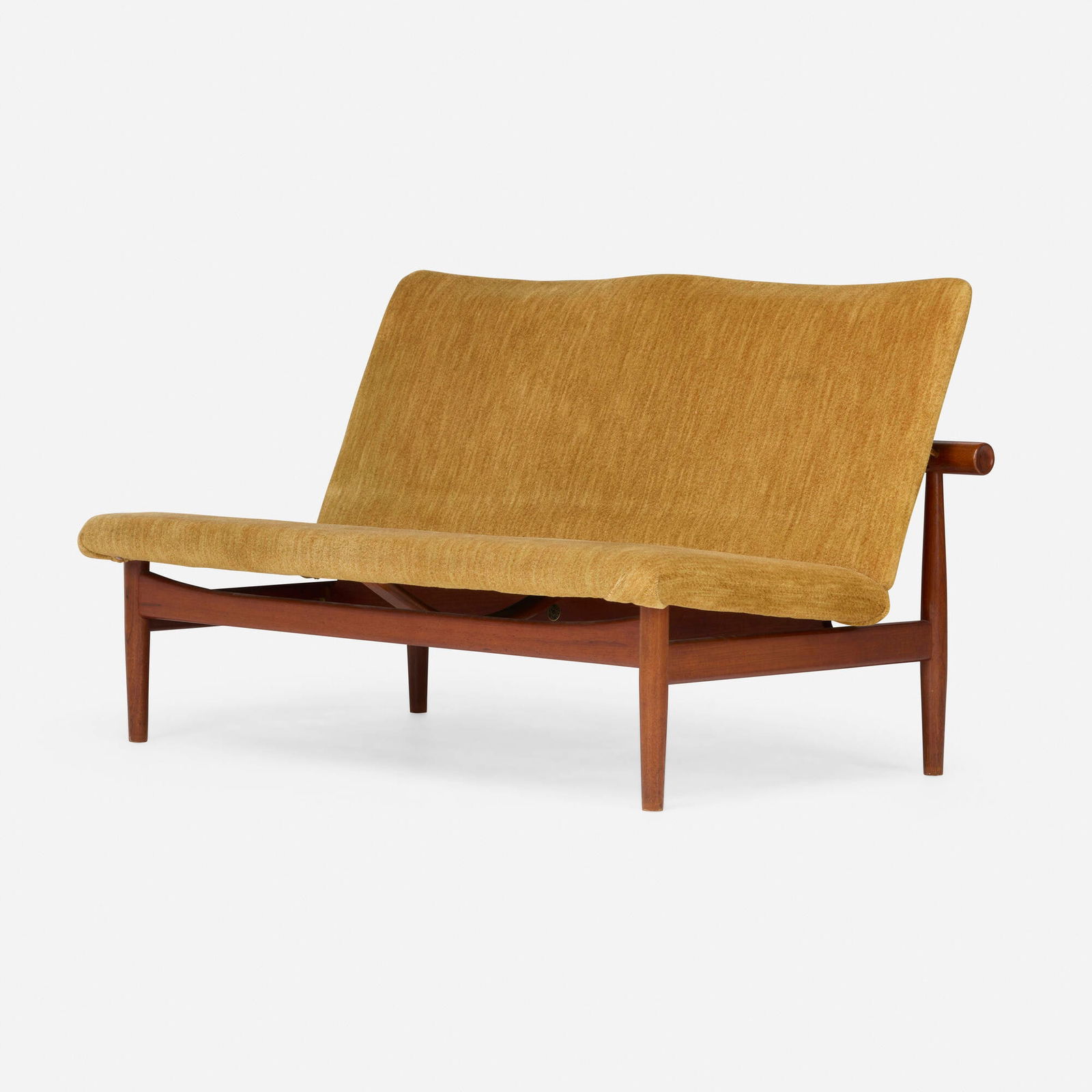 Finn Juhl, Japan settee: Finn Juhl Japan settee France & SonDenmark, c. 1950teak, upholstery, brass 28.5 h x 50.25 w x 29 d in (72 x 128 x 74 cm) Metal distributor's label to underside 'John Stuart Inc. New York