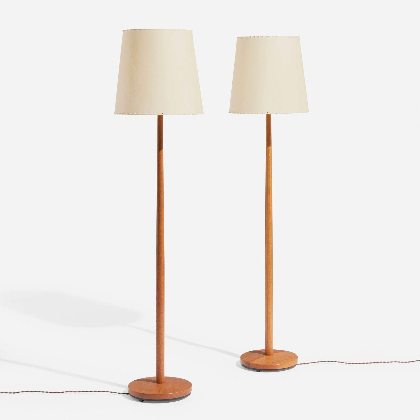 George Kovacs, Floor lamps, pair: George Kovacs Floor lamps, pair USA / Sweden, c. 1960oak, paper shade 54.5 h x 13 dia in (138 x 33 cm) Metal manufacturer's label to underside of each example 'Made in Sweden'.