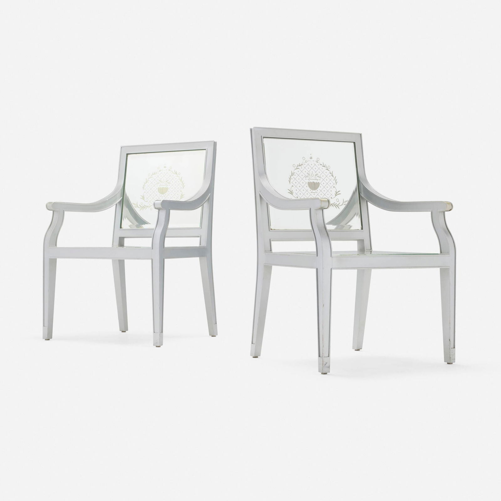 Philippe Starck, Louis XVI style chairs for the Clift Hotel, San Francisco, pair: Philippe Starck Louis XVI style chairs for the Clift Hotel, San Francisco, pair Thierry Duclos of Mirostyle, ParisFrance, c. 2001painted wood, reverse-cut and mirrored glass 35.75 h x 25 w x 21
