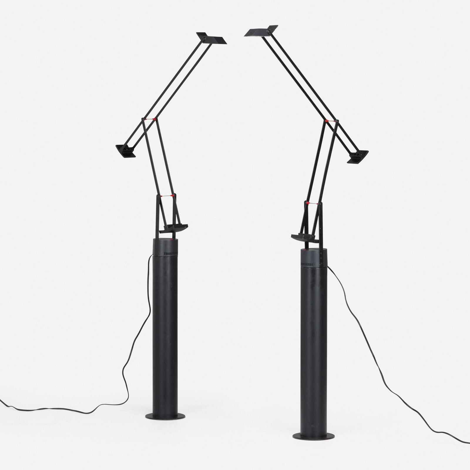 Richard Sapper, Tizio adjustable table/floor lamps, pair and exhibition poster: Richard Sapper Tizio adjustable table/floor lamps, pair and exhibition poster ArtemideItaly 1972enameled aluminum, plastic table lamps (extended): 35 h x 27 w x 4.25 d in (89 x 69 x 11 cm) p