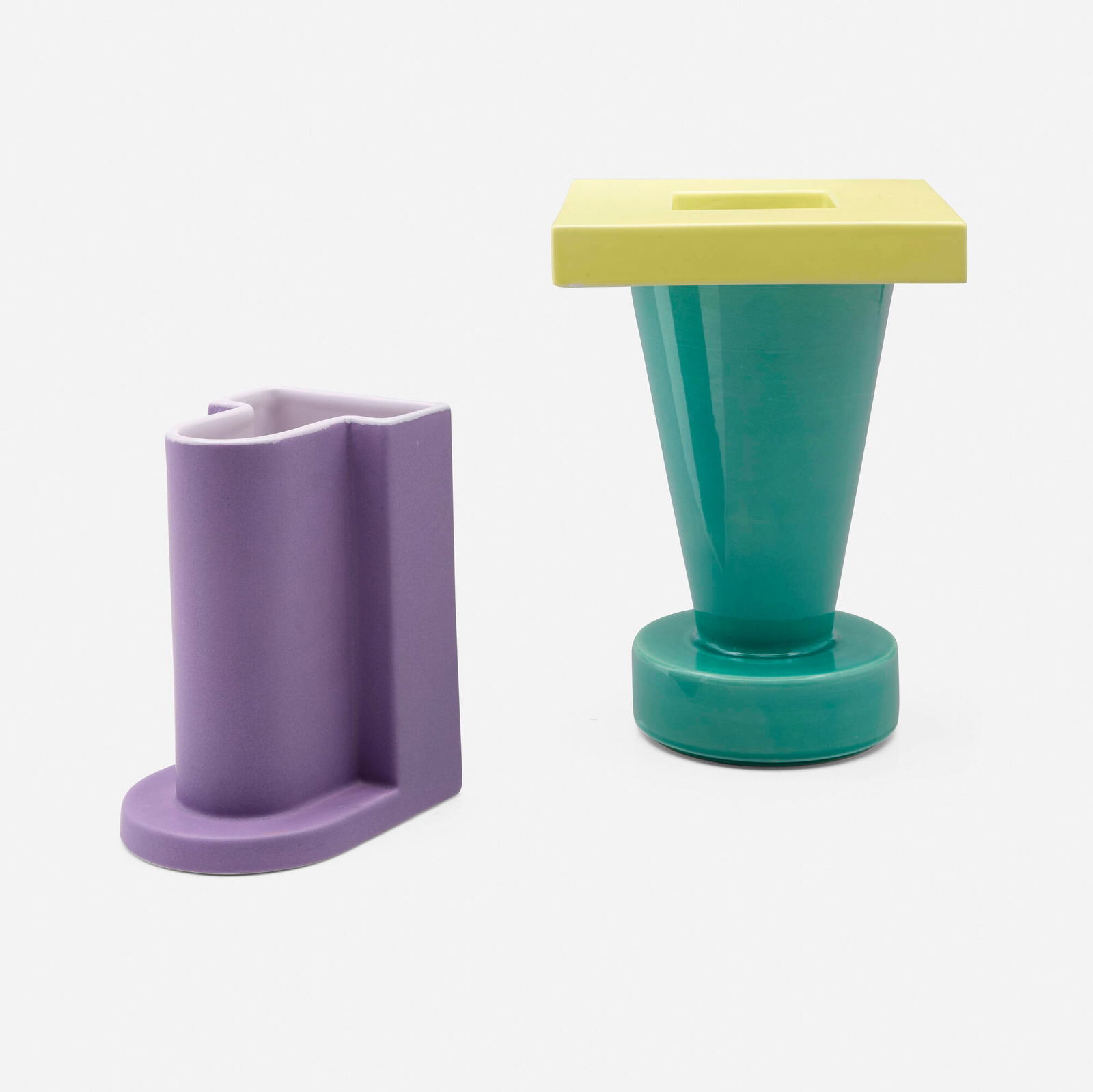 Marco Zanini, Vases, set of two: Marco Zanini Vases, set of two Bitossi/FlaviaItaly, c. 1985glazed porcelain 11.25 h x 8 w x 8 d in (29 x 20 x 20 cm) 7.75 h x 4.625 w x 6 d in (20 x 12 x 15 cm) Stamped manufacturer's