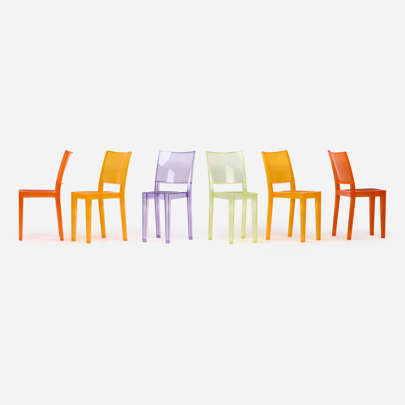 Philippe Starck, La Marie chairs, set of six: Philippe Starck La Marie chairs, set of six KartellFrance / Italy, 1998 / 2001-02polycarbonate 34 h x 15 w x 20.25 d in (86 x 38 x 51 cm) Molded manufacturer's mark to reverse of five ex