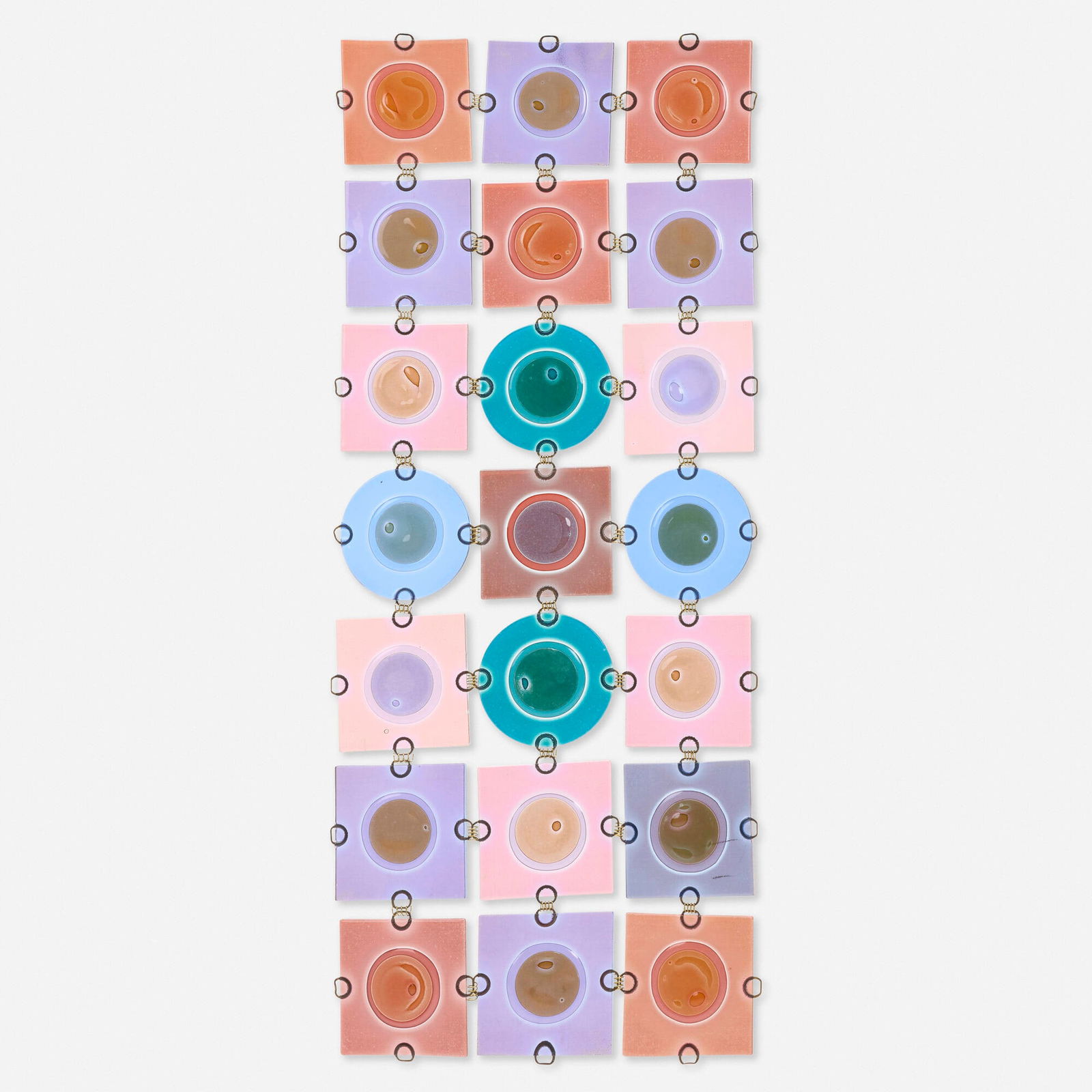 Michael and Frances Higgins, Rondelays, set of twenty-one: Michael and Frances Higgins Rondelays, set of twenty-one Higgins Glass StudioUSA, c. 1960fused glass, brass 41 h x 17.5 w in (104 x 44 cm) Set is comprised of twenty-one rondelays which