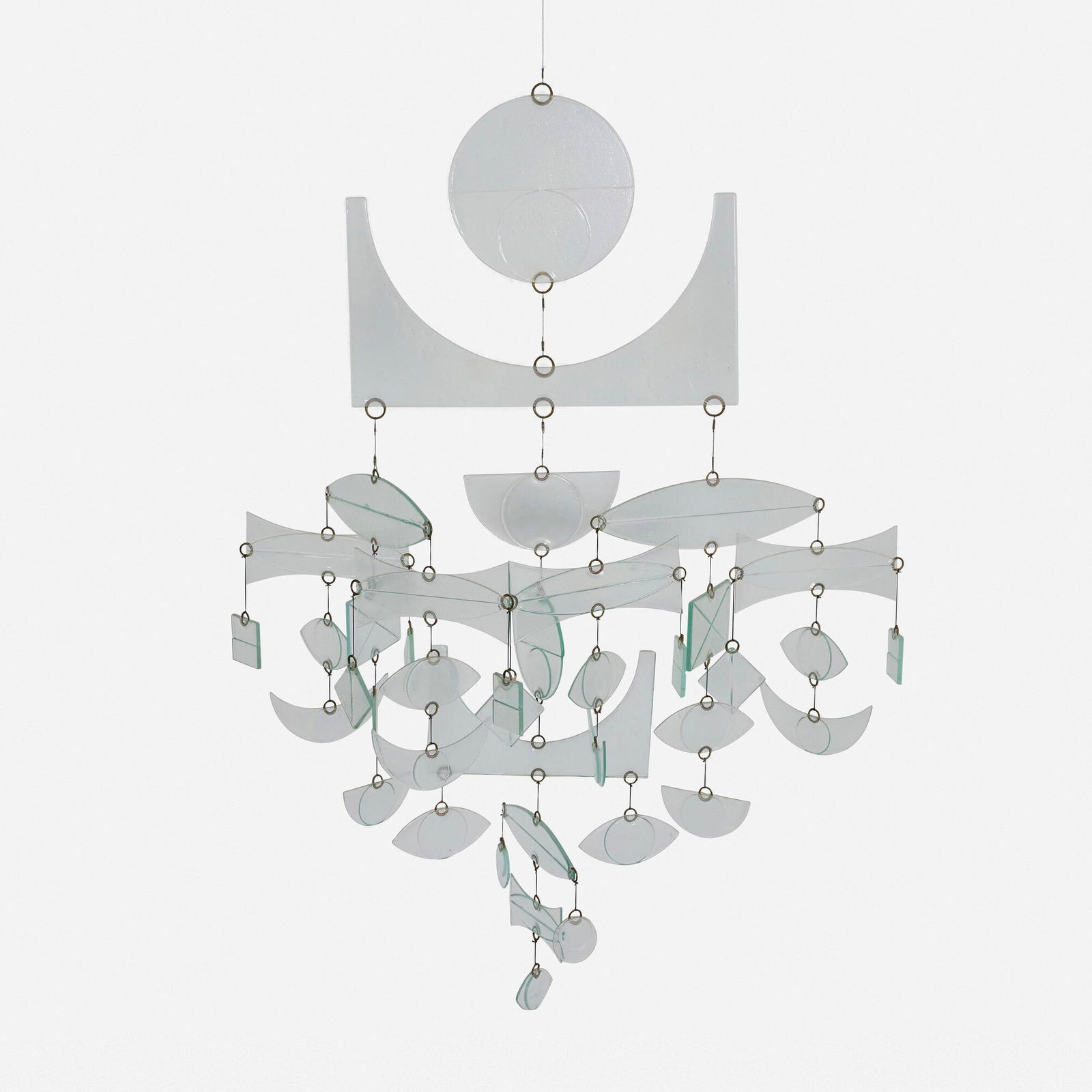 Michael and Frances Higgins, Custom mobile: Michael and Frances Higgins Custom mobile Higgins Glass StudioUSA, c. 1995fused glass, brass, string, steel wire 36 h x 27.5 w x 17 d in (91 x 70 x 43 cm) Provenance: Ac