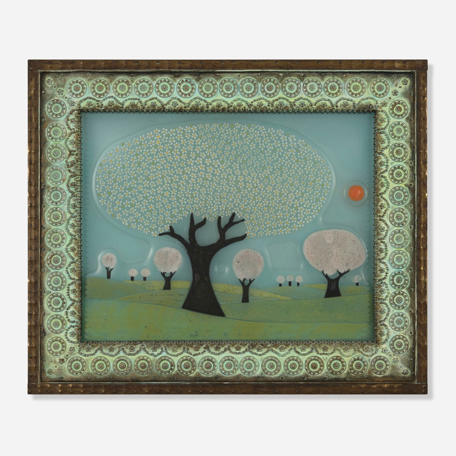 Michael and Frances Higgins, Untitled: Michael and Frances Higgins Untitled Higgins Glass StudioUSA, c. 1970fused glass, patinated brass artist's frame 15.615 h x 18.625 w in (40 x 47 cm) Incised signature to lower left 'Higg