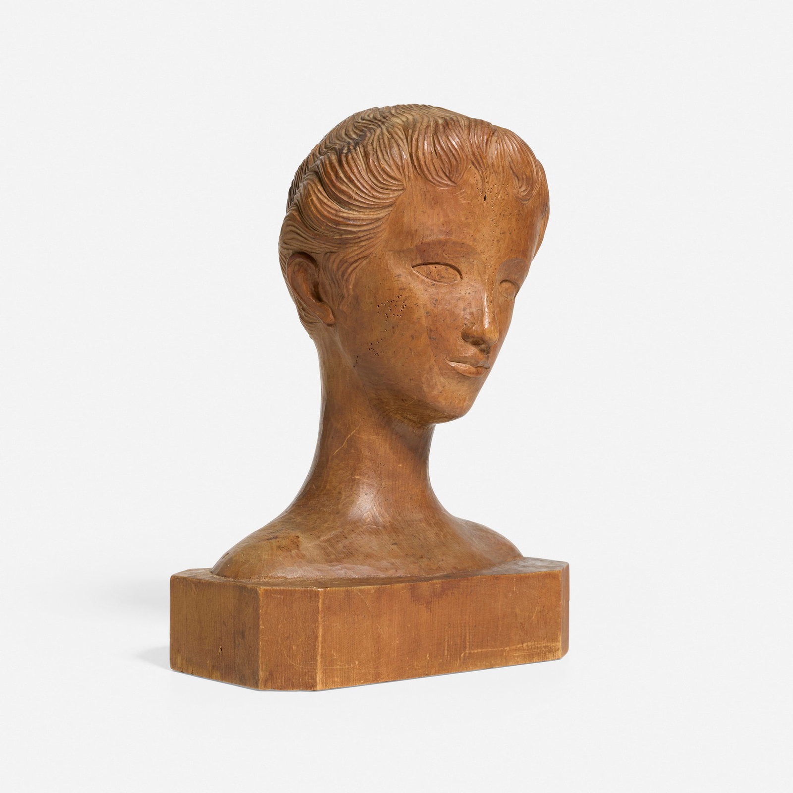 Italian, Bust of a young boy: Italian Bust of a young boy c. 1950 carved wood 14.875 h x 10.5 w x 7 d in (38 x 27 x 18 cm) Stamped to underside 'Made in Italy'. This work will ship from Chicago, Illinois