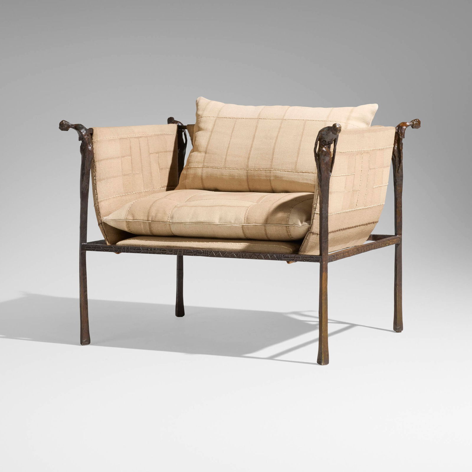 Ingrid Donat, Caryatides armchair: Ingrid Donat Caryatides armchair Sweden/France, 2003patinated bronze, original canvas upholstery 30 h x 36 w x 29.25 d in (76 x 91 x 74 cm) Impressed signature, date and number to back leg 'ID