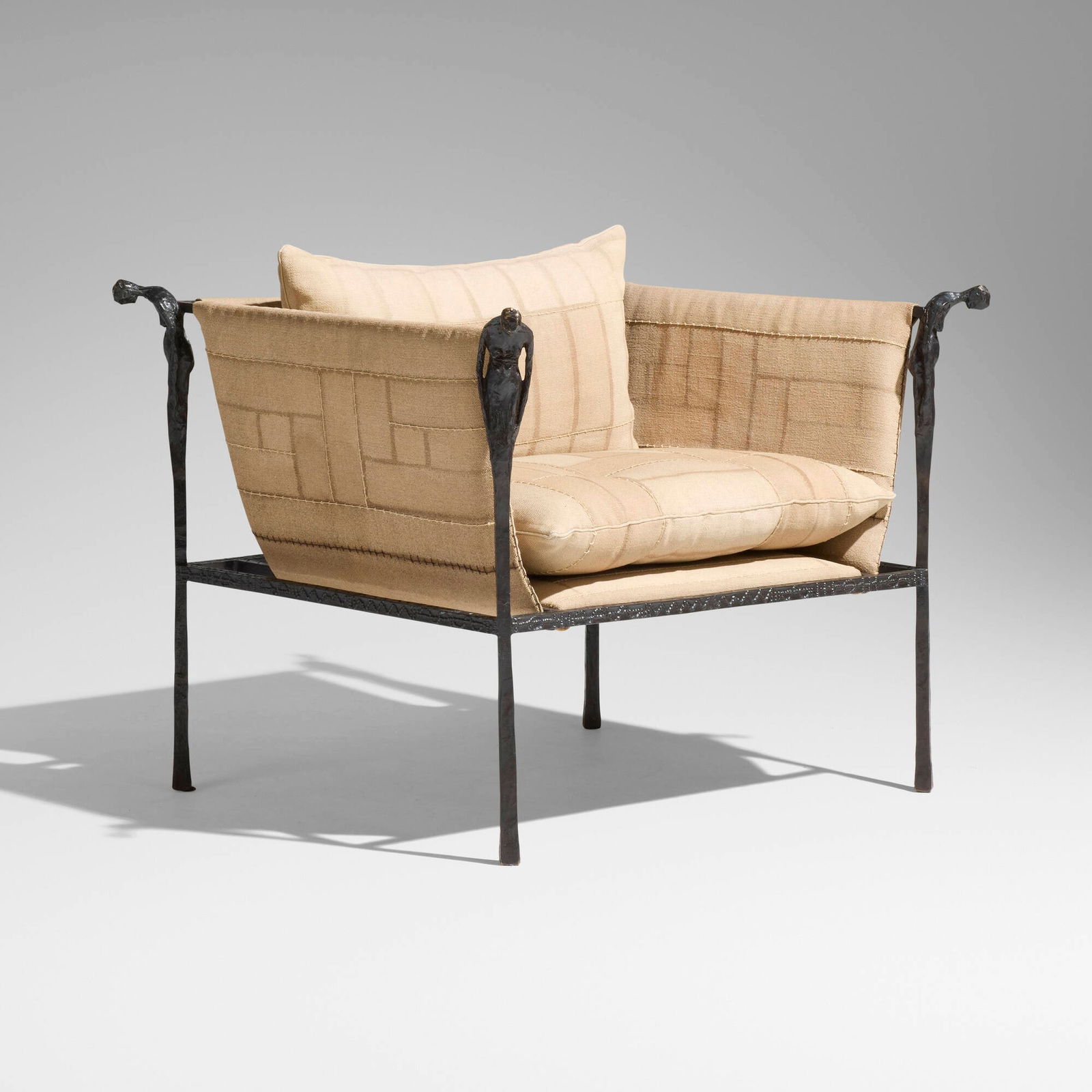 Ingrid Donat, Caryatides armchair: Ingrid Donat Caryatides armchair Sweden/France, 2003patinated bronze, original canvas upholstery 30 h x 36 w x 29.25 d in (76 x 91 x 74 cm) Impressed signature, date and number to back leg 'ID
