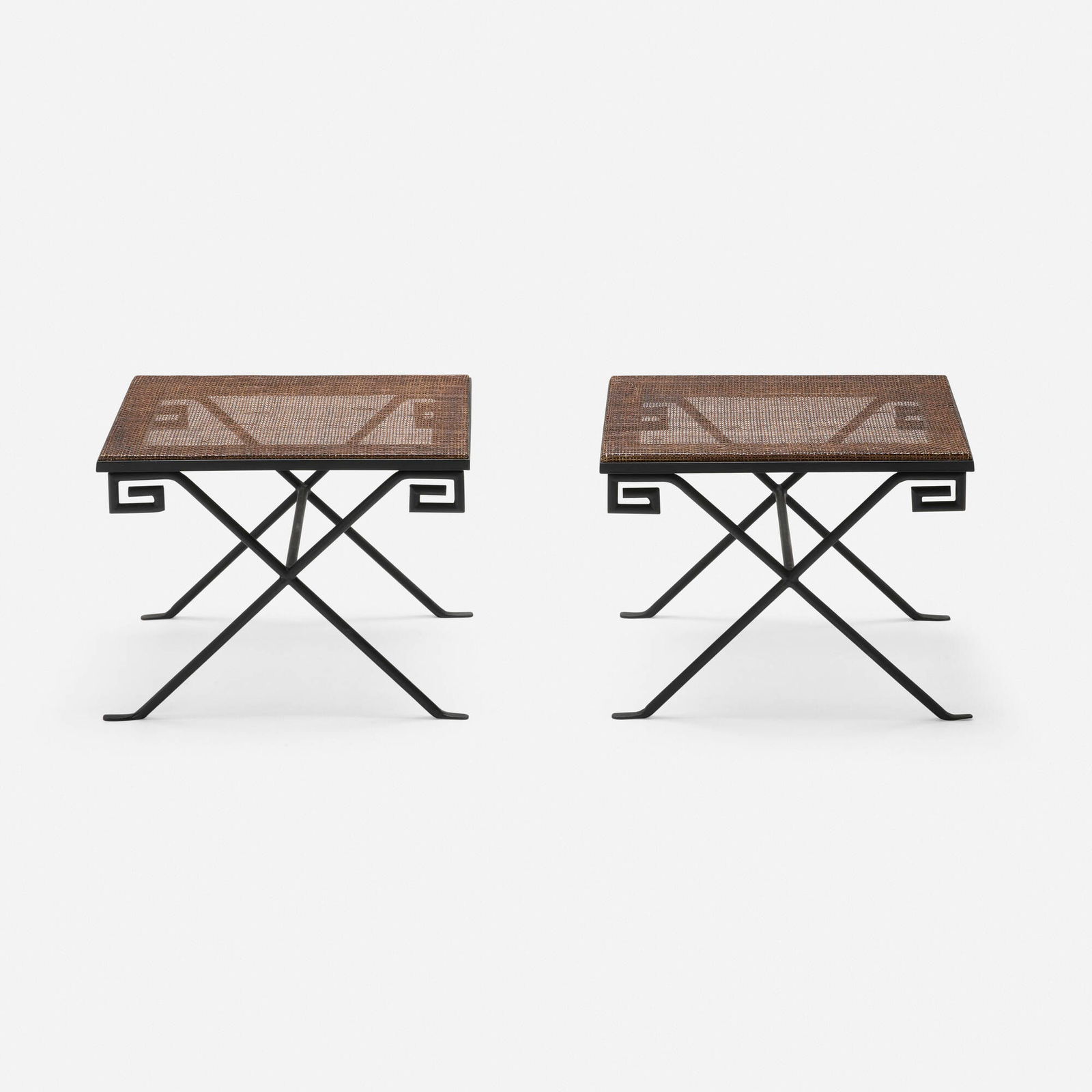 Jean-Michel Frank, Tabourets, pair: Jean-Michel Frank Tabourets, pair ComteFrance / Argentina, c. 1938rattan, painted iron 15 h x 19.75 w x 15 d in (38 x 50 x 38 cm) Brass manufacturer's label to underside of each 'Comte S