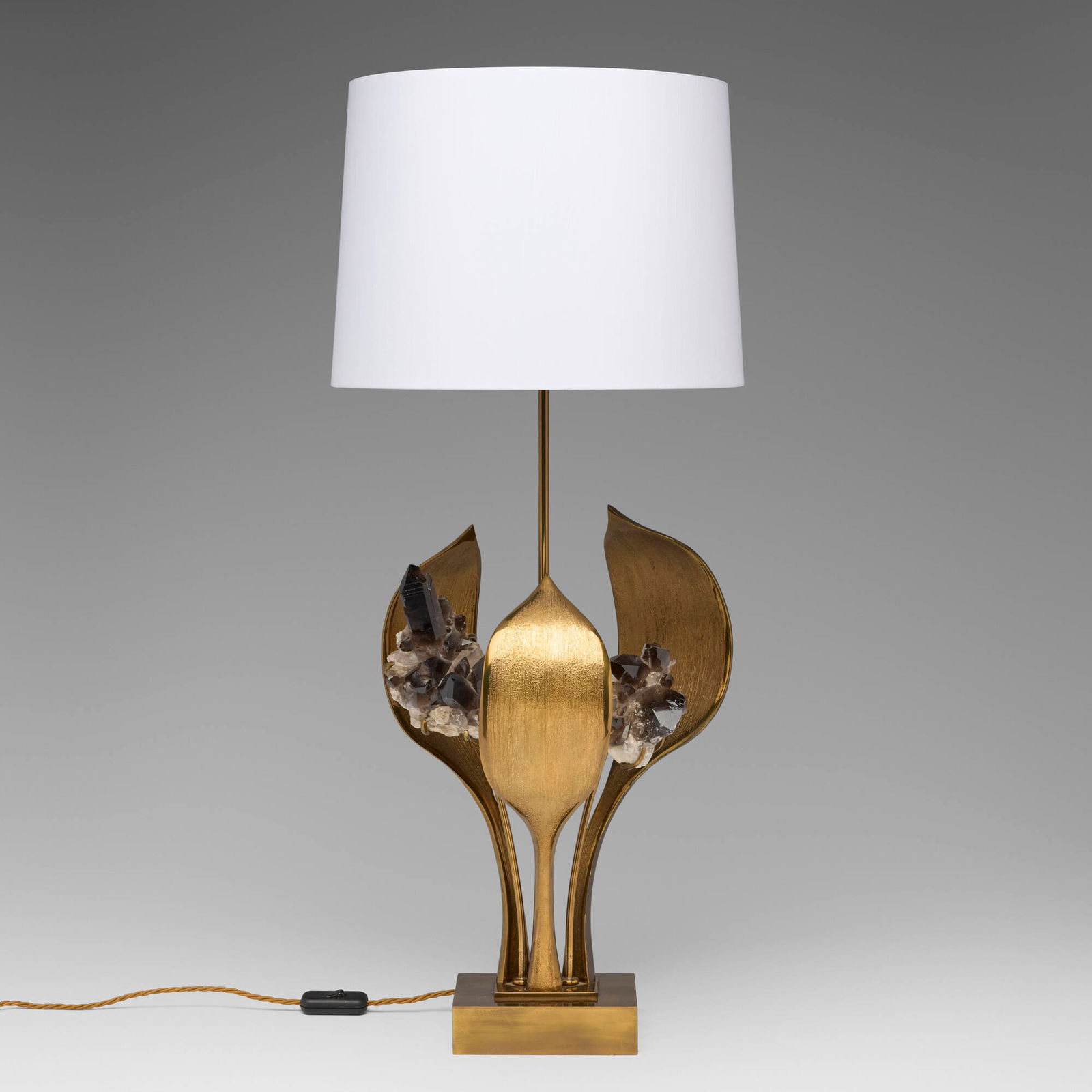 Willy Daro, Table lamp: Willy Daro Table lamp Belgium, c. 1975gilt bronze, brass, quartz, fabric shade 33.125 h x 14.25 dia in (84 x 36 cm) Incised signature to base 'Willy Daro'. Provenance: