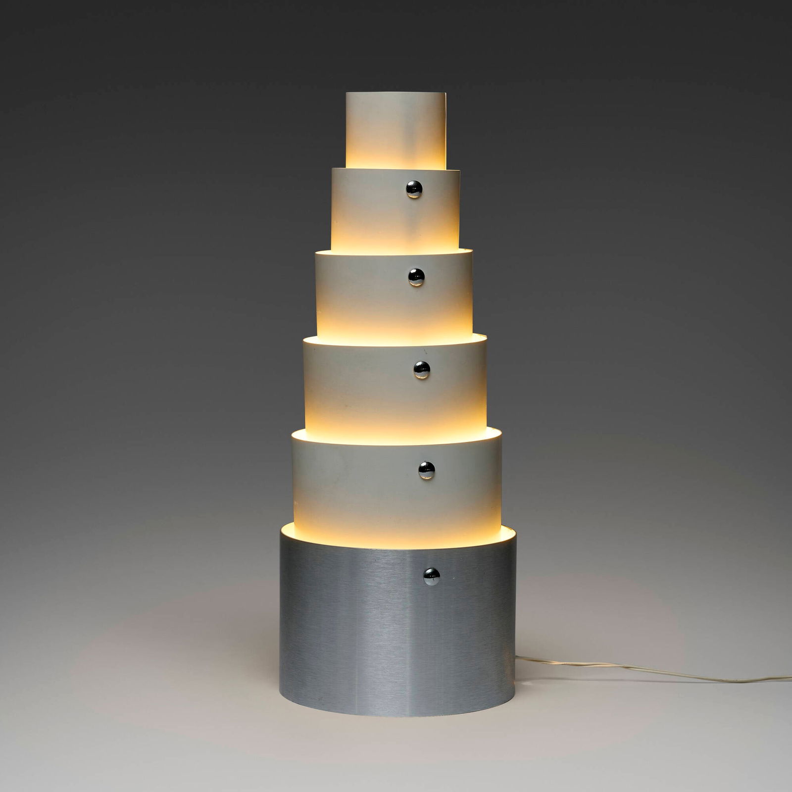 Bruno Munari, Table lamp: Bruno Munari Table lamp DaneseItaly, c. 1960lacquered and brushed aluminum 15 h x 13.5 w x 7.5 d in (38 x 34 x 19 cm) Impressed manufacturer's mark to underside 'Made In Italy'.