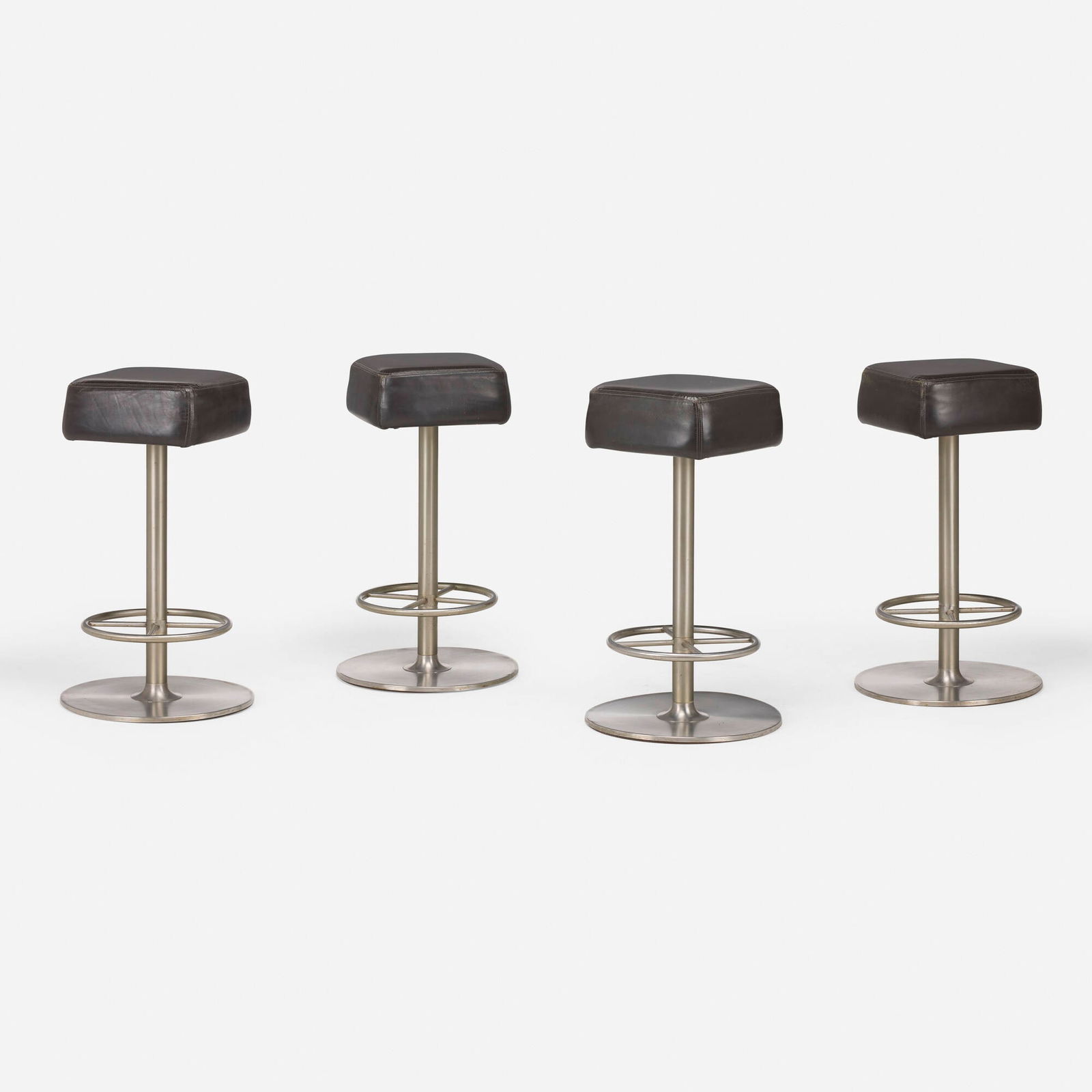 Marc Newson, Barstools from Lever House, New York, set of four: Marc Newson Barstools from Lever House, New York, set of four MeritaliaAustralia / Italy, 2003leather upholstery, aluminum, chrome-plated stainless steel 31.75 h x 18 dia in (81 x 46 cm)