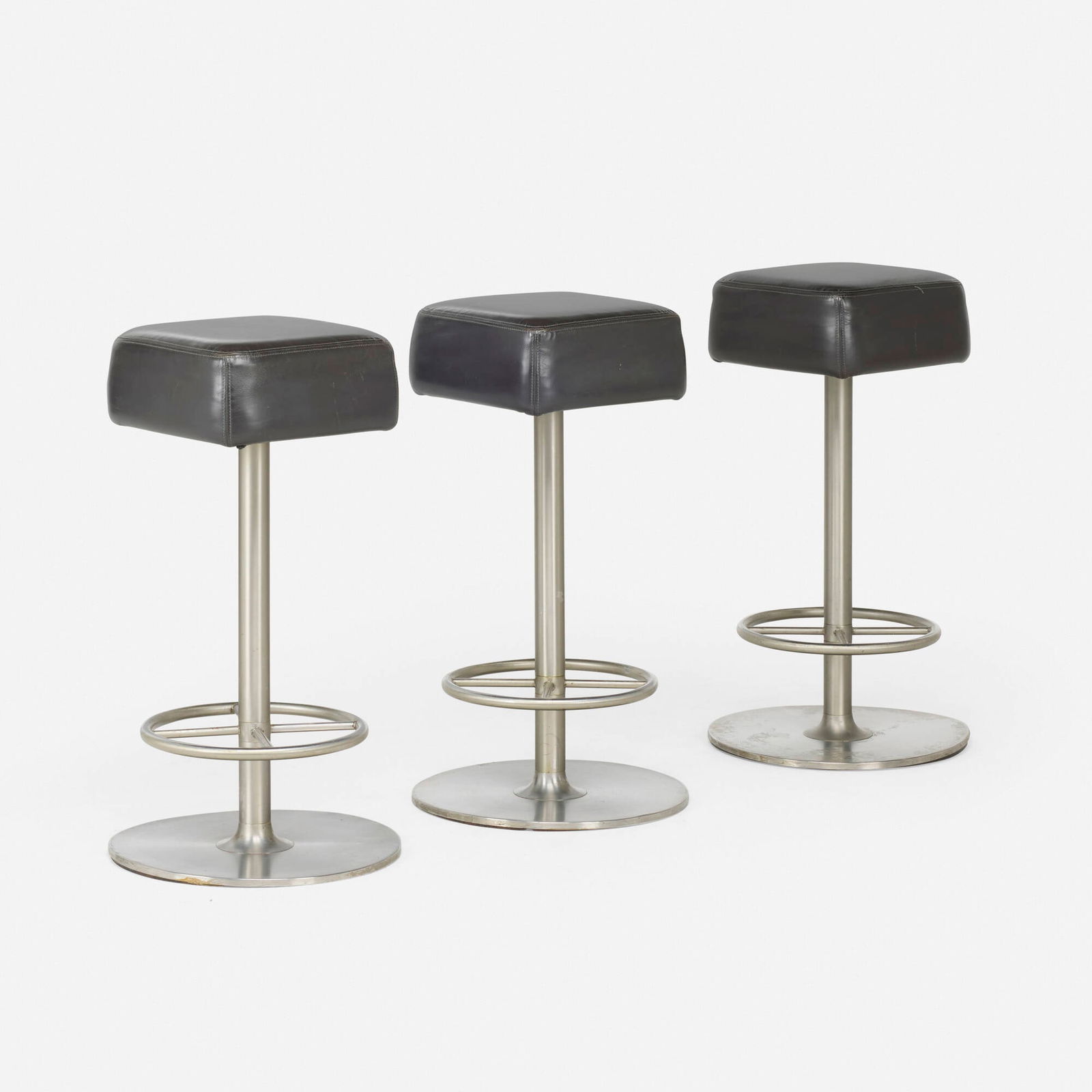 Marc Newson, Barstools from Lever House, New York, set of three: Marc Newson Barstools from Lever House, New York, set of three MeritaliaAustralia / Italy, 2003leather upholstery, aluminum, chrome-plated stainless steel 31.75 h x 18 dia in (81 x 46 cm)