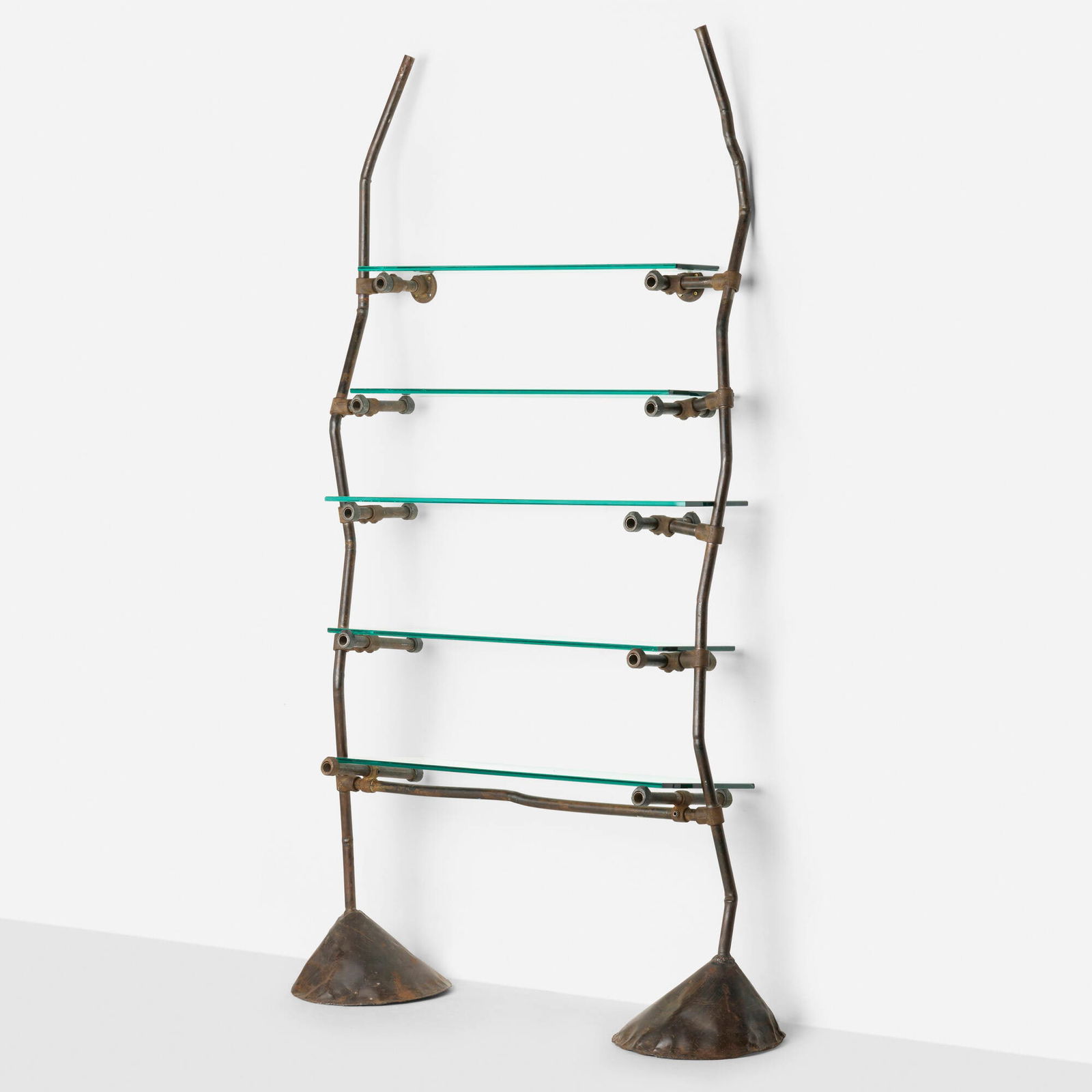 Ron Arad, Unique custom shelf from Bazaar, London: Ron Arad Unique custom shelf from Bazaar, London One OffUnited Kingdom, 1984patinated steel, cast iron, glass, steel 88.5 h x 53.5 w x 18 d in (225 x 136 x 46 cm) Unit features five adju