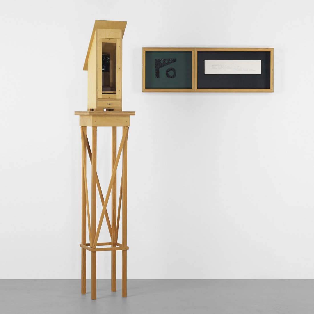 Loren Calaway untitled: Loren Calaway untitled USA birch, laminate, birch plywood, glass, pencil on paper, enameled steel, Plexiglas, brass 69 h x 52 w inches Provenance: Acquired from B.R. Kornblatt Gallery, Washington D.C.