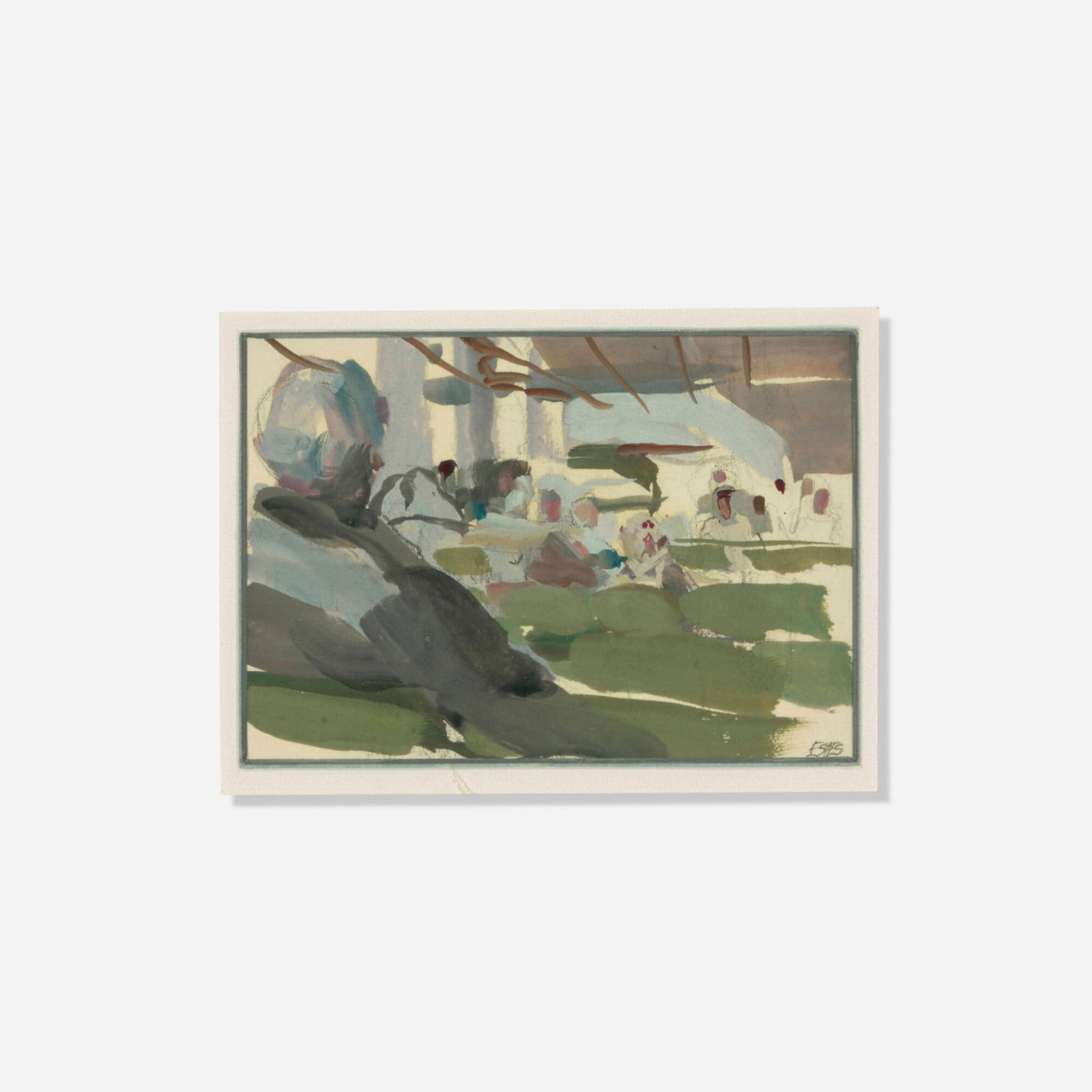 Richard Estes, Study (Airport Lounge): Richard Estes Study (Airport Lounge) c. 1965gouache and pencil on paper sight: 3.75 h x 5.5 w in (10 x 14 cm) Signed to lower right 'Estes'. Provenance: Private Collect